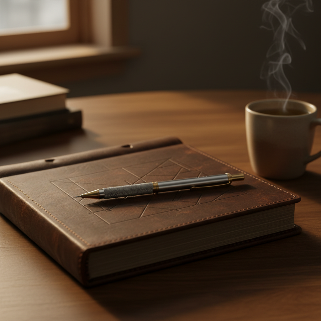 A close-up of a robust leather-bound journal, its textured cover gently worn at the edges, lying open on a dark oak table. On one page, faintly embossed geometric lines suggest structure and planning without legible text. A finely crafted mechanical pencil rests diagonally across the spread, its metallic body catching the light. Beside the journal, a simple ceramic cup of herbal tea emits a delicate wisp of steam. Warm, directional lamplight from the upper left creates dramatic, yet soft shadows and highlights the textures. Photographic realism with a shallow depth of field keeps the journal and pencil in sharp focus, while the background fades into a deep, calming blur, evoking reflection, discipline, and quiet intention.